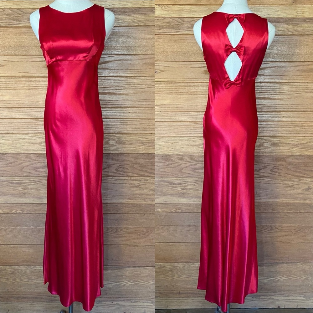 Vintage 90s Y2K Rampage red bias cut bow open back gown prom dress formal